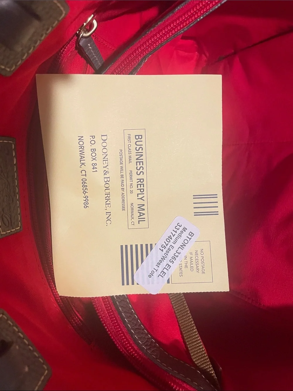 Dooney & Bourke Brown Pebbled Leather Tote with Red Interior